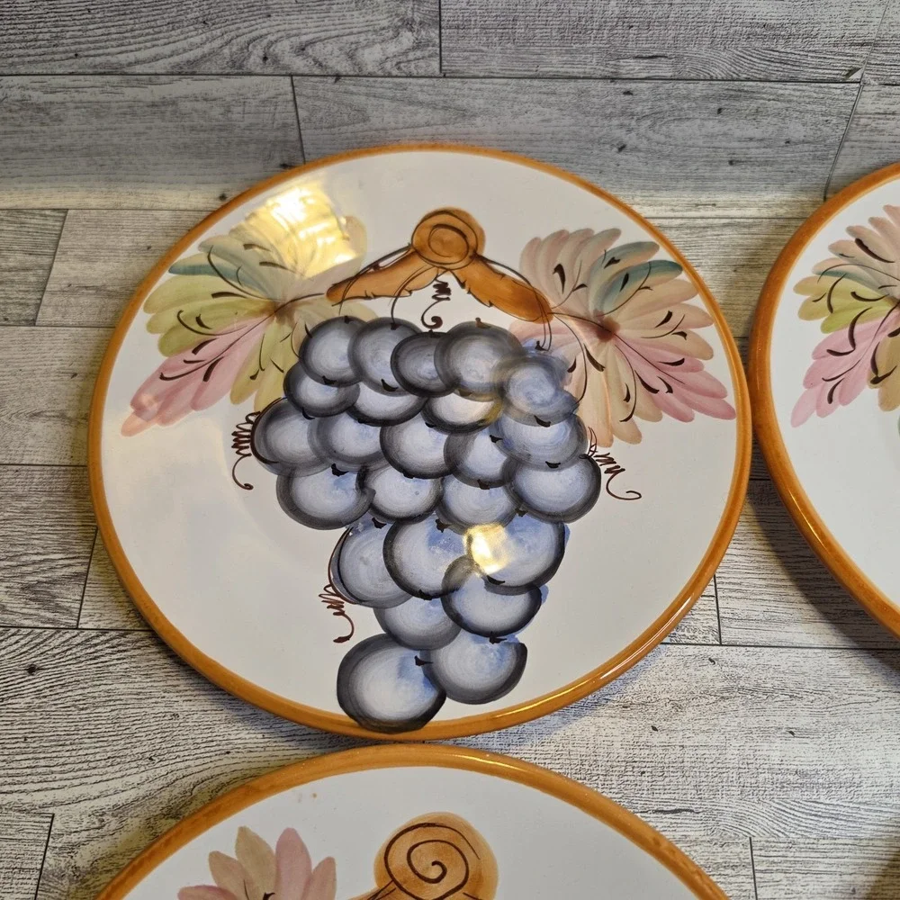 Set 4 A Santos Portugal Hand Painted Grape Dinner Plates Majolica Vintage